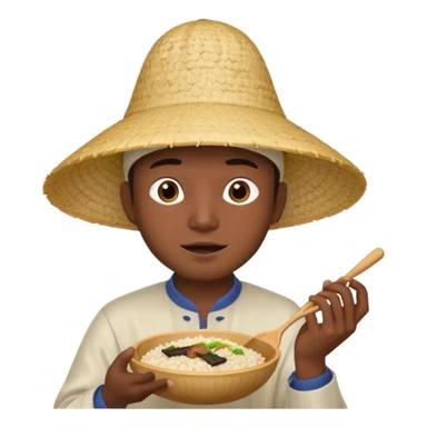 Asian guy with a rice hat eating a bat sticker