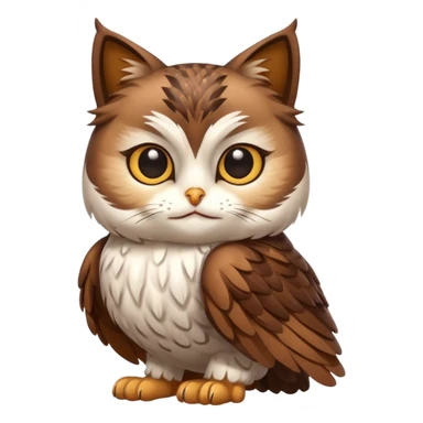 crea un gato con alas de búho con pelaje color cafe y blanco y que este con las alas cerradas y sin ningun objeto en las alas sticker