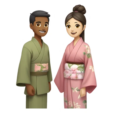 asian couple in kimono - man wearing kimono with olive green inside and brown outside and beige fabric belt, woman with long hair in bun with accessories wearing light pink kimono with pastel florals of different colors sticker