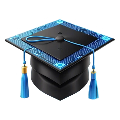 A sleek black graduation cap (mortarboard) with a glowing blue circuit board pattern on the top, representing technology and IT. The cap has a modern, futuristic design, with subtle neon blue lines mimicking digital circuits. A small, pixelated cursor icon replaces the traditional tassel, symbolizing coding and software development. The background is plain white sticker