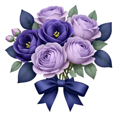 A hand-tied bouquet of soft lilac roses, pale violet peonies, and deep indigo pansies, bound with layers of vintage lace and a faded purple silk bow, rests upon a carved wooden vanity, beside an antique silver heart-shaped mirror reflecting the timeless beauty of love’s gentle touch. sticker