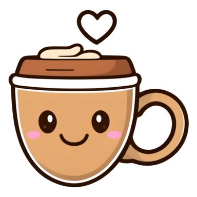 smiling hot coffee cup with heart-shaped steam, different cup design, mocha brown tones, kawaii soft hand-drawn sticker