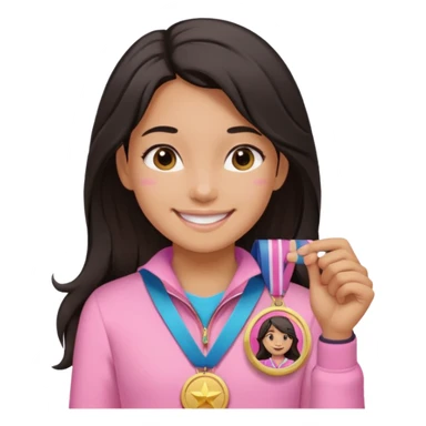 black haired girl wearing pastel pink with one medal, remove any hats, make her smile, make her hair longer, make her tan sticker