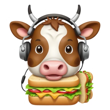cow with big headphones eating a sandwich, apple emoji style sticker
