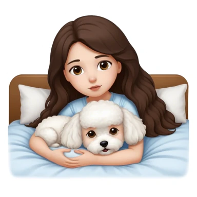 Brunette Long hair girl sick in bed by herslef with bichon frise dog sticker