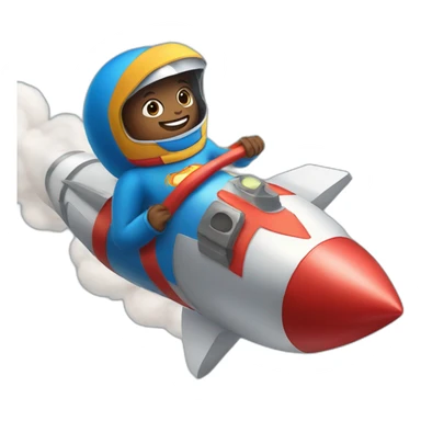 person dressed with a superhero cape but without mask is riding on a rocket sticker