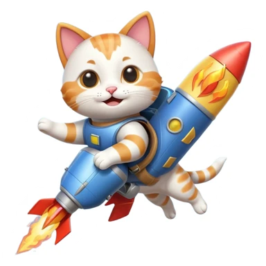 cute cat flying with a rocket pack on its back, rocket flames, happy face, 3D cartoon, mobile game icon style, clean background, no text, no watermark
 sticker