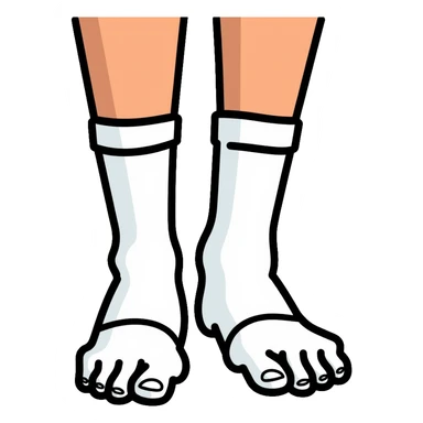 bottom view of feet wearing white athletic socks showing soles with texture pattern sticker