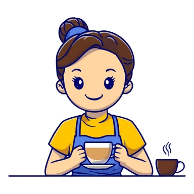 Cute brunette barista girl with hair in a bun wearing yellow shirt and dark blue apron, she's relaxed and making latte art, smiling at the coffee cup sticker