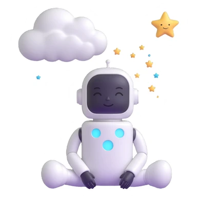 minimalist 3D cartoon-style icon of a peaceful dreaming robot with a pill-shaped head, eyes closed, gentle smile, soft features, stylized clouds and stars around the head, simple clean lines sticker