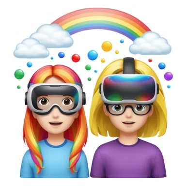 Human girl and boy Show a VR headset or AR glasses, symbolizing the immersive hair experience. Include virtual objects or a 3D scene floating in the air in front of rainbow Make the background transparent. sticker