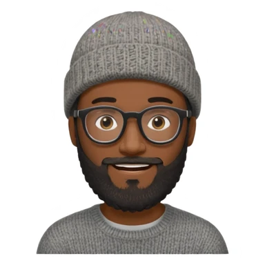 A dark-skinned man with a gray knit beanie, black glasses, a full beard, and a friendly smile. sticker