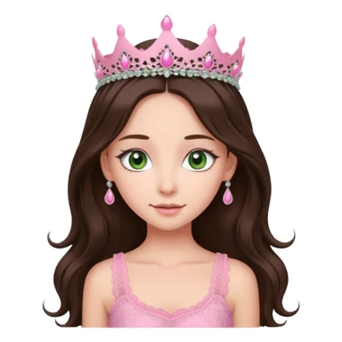 super long haired brunette with middle part cute pink lacy tank with a pink tiara on head, white but with a little bit of tan green eyes  sticker