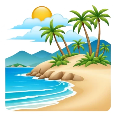 Sanya tropical beach Hainan Island with palm trees, simplified emoji style with bold outlines and bright colors, cartoon style beach with blue water sticker