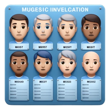 3D render of Mugshot Board, forensic investigation aesthetic, sterile clinical lighting, cool blue undertones, sharp high-contrast details, professional clean look. sticker