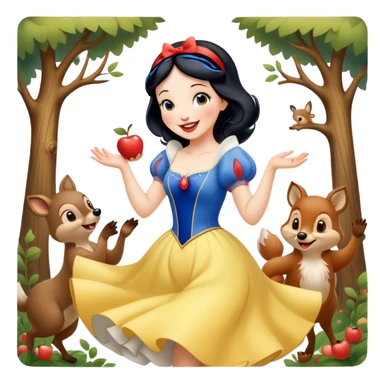 Cinematic Playful Snow White Portrait Emoji, Laughing while dancing with woodland animals, dress twirling gracefully, a whimsical sparkle in her eye, radiating charm and pure delight! sticker