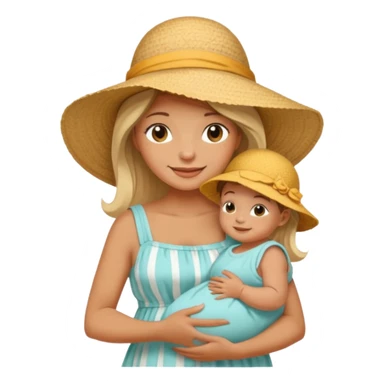 A mom in a sunhat holding her baby gently, wearing a sun-dress while smiling softly. sticker