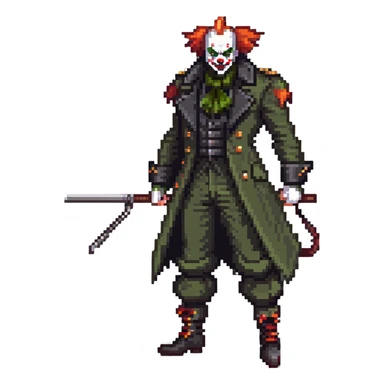 evil clown soldier, bald, small black horns on forehead, fangs, pointed ears, eye patch over one eye, long coat over black and military green clothes with bellbottom pants, tail, holding an Indiana Jones-style whip, realistically proportioned, less bulky, full body, fighting stance sticker