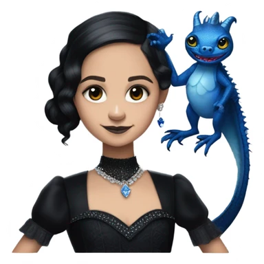 relaxed low-cut slinky black evening ball gown with lace gloves, Jenna Ortega as Wednesday Addams wearing a mini diamond tiara showing off a cute blue horned dragon ventriloquist puppet sticker