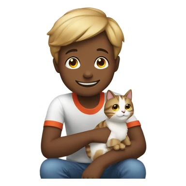 smiling boy sitting indoors with a cat sticker