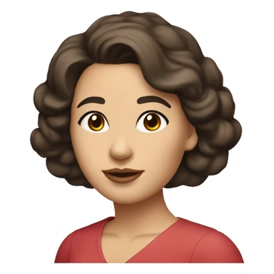 The woman has soft features, fair skin, and almond-shaped eyes. Her defined eyebrows and natural pink lips frame her face. Her dark, wavy hair is partly tied back, giving her an elegant yet relaxed look.  She wears a red V-neck dress. White skin. sticker