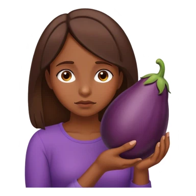 Sad brown hair girl hold eggplant sticker