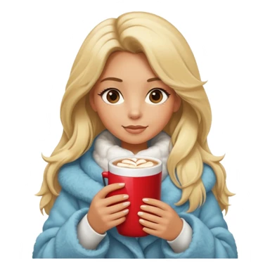 Tanned Girl with lashes , blonde hair, in an extremely big fluffy oversized coat and hold hot chocolate drink and more look like apple emoji face sticker