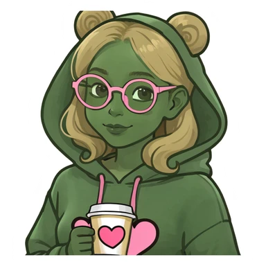 A girl with a love heart ok her hoodie with an espresso blonde hair brown eyes pinky gold glasses smiling and raining outside  sticker