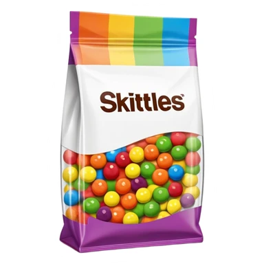 A Skittles candy package with multiple pieces of transparent tape holding it closed, rainbow colored packaging, minimalist style sticker
