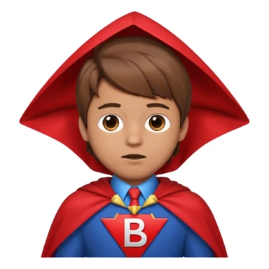 A cartoon boy with brown hair and a blue suit and a upside down triangle with a B on it with a red cape  sticker