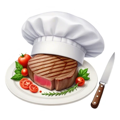 A photorealistic icon featuring a chef's hat, a cutting board with fresh ingredients, a knife, a plate with a well-plated dish, and a beautiful ribeye beef steak. Bright, detailed design with realistic textures and lighting. Transparent background, clearly symbolizing cooking and culinary arts. sticker