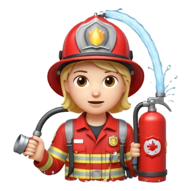 A 3D Apple-style emoji character dressed as a firefighter in a bright red uniform and helmet, holding a fire hose spraying water forward, determined expression with cartoonish eyes, water splashing effect, clean minimal background sticker