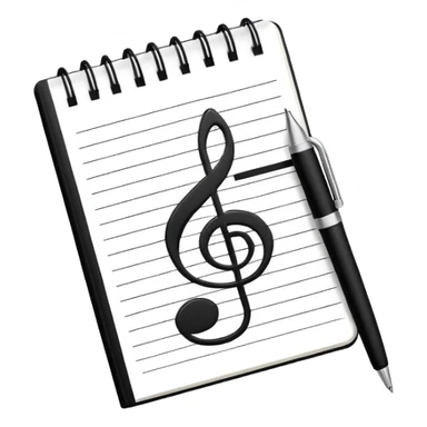 Minimalistic flat vector icon, iOS style, thin black contour on white background. Small notebook with a musical note on the cover, a pen placed next to it. Clean, modern, no text, no shadows. sticker