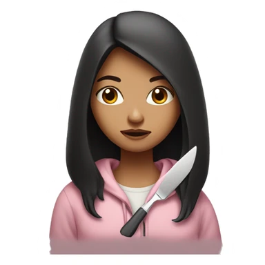 Girl with long dark hair in a light pink hoodie with a serious face holding a butter knife sticker