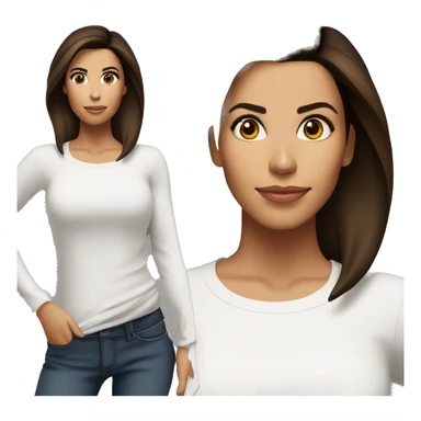 3/4 face, contrasted, shadow, light, Eva Longoria expression, standing from a distance, thin nose, brunette woman, hazel eyes, long eyelashes, dark shoulder shaded hair, white t-shirt, jeans, white sneakers sticker