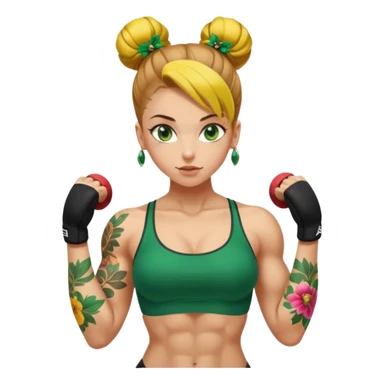 sexy and fit, well muscled torso and biceps, european sexy girl, nude body, yello-brown slavic hair in bun, sexy nude body, floral tattoes, green emerald eyes, doing sports sticker