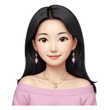 South Korean girl in her mid-thirties with long black hair and a middle part. She is wearing a baby pink, off the shoulder long sleeve knit sweater. She has small gold earrings and a gold necklace. She has brown eyes with narrow, mono lid shape and smiling with lips together sticker
