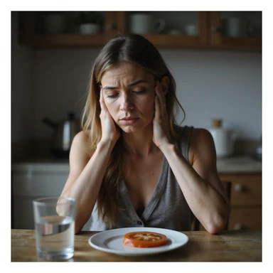 realistic style adult thin woman sitting at kitchen table with a plate with only a slice of tomato and a glass of water, tired expression, kitchen environment, sad atmosphere sticker