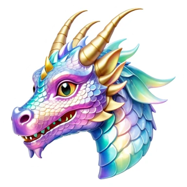 A cute Sparkly glossy Pastel iridescent glass dragon head profile, 2 horns sticker