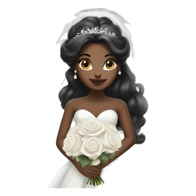 Black hair bride with long white Dress and long white veil and white roses bouquet in hands   sticker