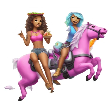 two women eating tacos while riding a unicorn surrounded by a neon heart that’s on fire sticker