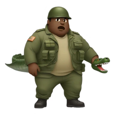 a fat black man dressed in military attire fighting with a crocodile sticker