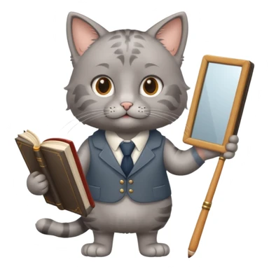 A cat with a mirror on its feet, a book in one hand, a teacher's stick in the other, and hair that looks like Einstein's. sticker