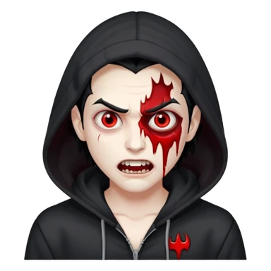 Vampire with gray white skin and full white eyes and bloody fangs and a black hoodie and scary face and black hair  sticker