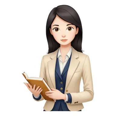 A stylish dark-haired woman in a tailored blazer holding a book, soft vanilla and beige background, elegant line art with subtle watercolor shading sticker