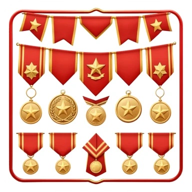 Icon for Collecting Orders, Medals & Badges: a variety of vintage orders, medals and badges, displayed neatly on a big red pennant or in a display case. The icon should reflect the honor and historical significance of these collectible items. Transparent background. sticker