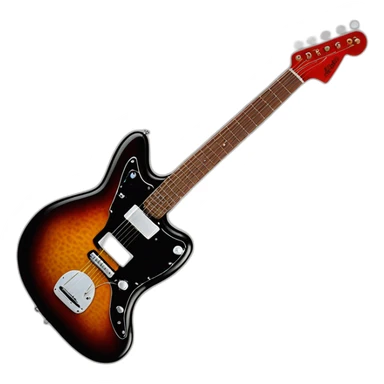 a deep black fender jazzmaster with a red tortoise shell pick guard with matching headstock sticker