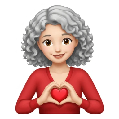 Silver hair, wavy/curly hair chin-length lady giving hug with 2 arms,  v-neck and smiling, add a heart sticker