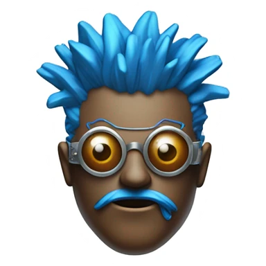 Brown cyborg head with blue Mohawk, blue beard, silver steampunk monocle goggles a smile and circuits sticker