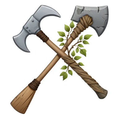 A sharp stone axe with wooden handle tied by vines.





 sticker
